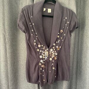 Moth Gray Fitted Embellished Blouse with Notched Collar